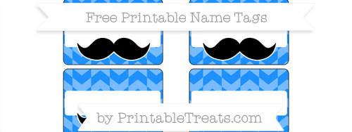 Dodger Blue Herringbone Pattern Mustache Name Tags — Printable Treats.com