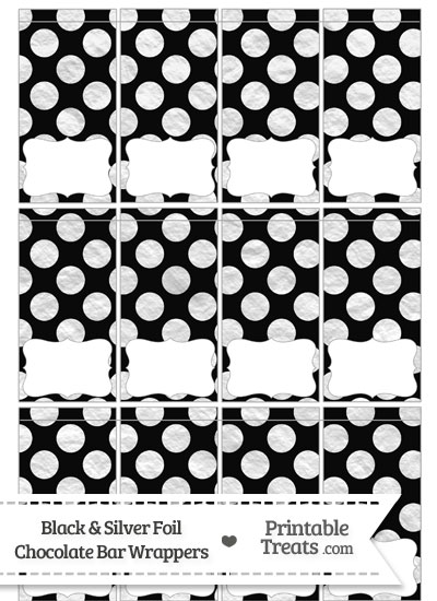 Black and Silver Foil Dots Mini Chocolate Bar Wrappers from PrintableTreats.com