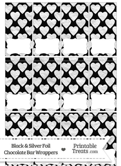 Black and Silver Foil Hearts Mini Chocolate Bar Wrappers from PrintableTreats.com
