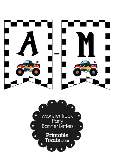 Black Monster Truck Birthday Bunting Banner Letters A-M from PrintableTreats.com