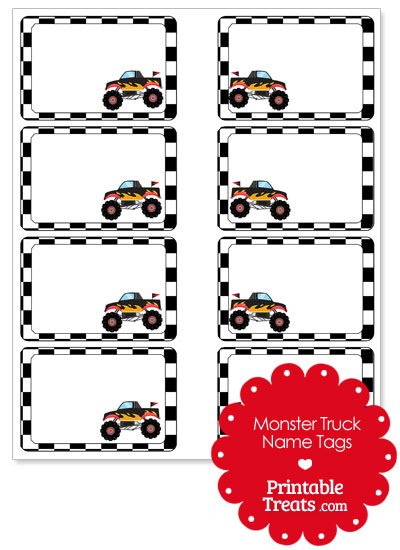 Printable Black Monster Truck Name Tags from PrintableTreats.com