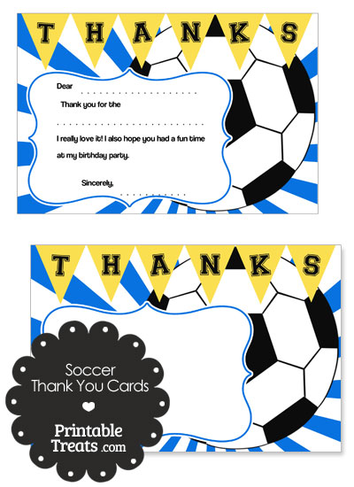 Blue Sunburst Soccer Thank You Cards from PrintableTreats.com