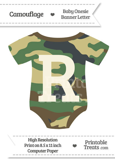 Camouflage Baby Onesie Shaped Banner Letter R from PrintableTreats.com