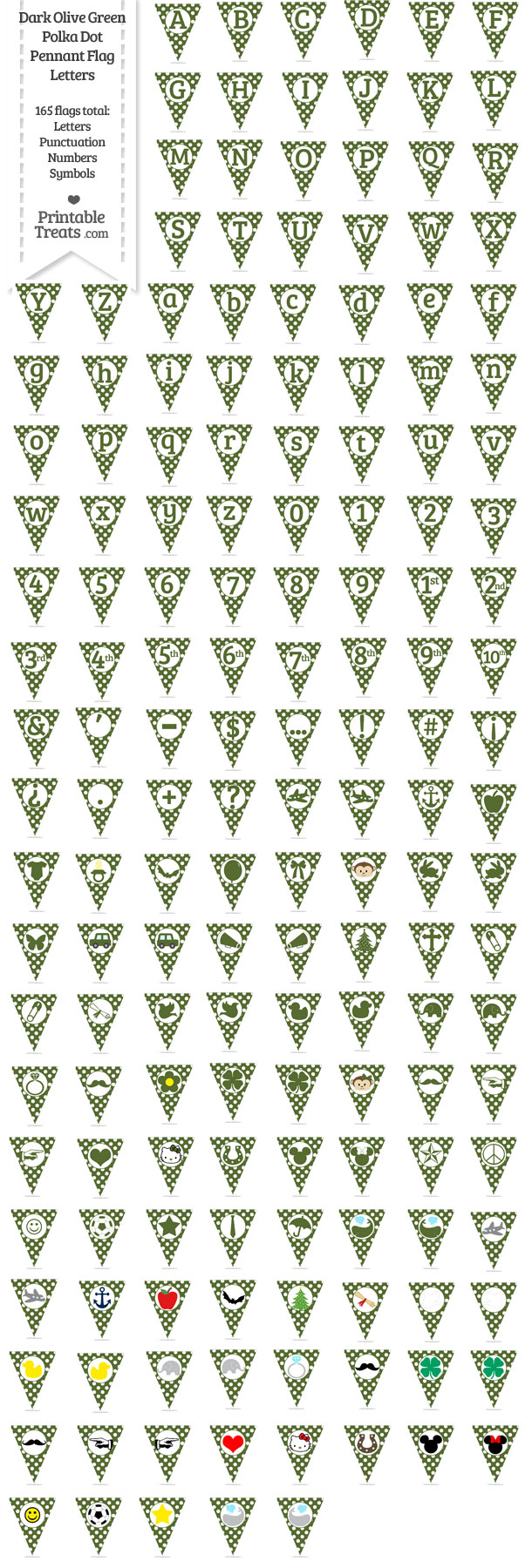 Dark Olive Green Polka Dot Pennant Flag Letters Download from PrintableTreats.com