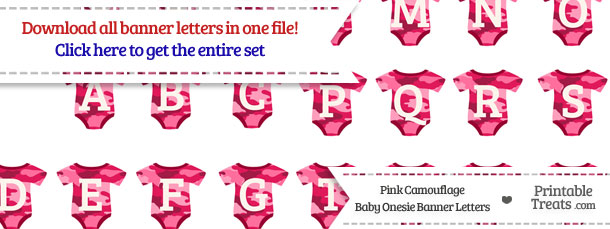 Pink Camouflage Baby Onesie Shaped Banner Letters Download from PrintableTreats.com