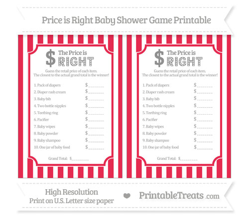 Free Amaranth Pink Striped Price is Right Baby Shower Game