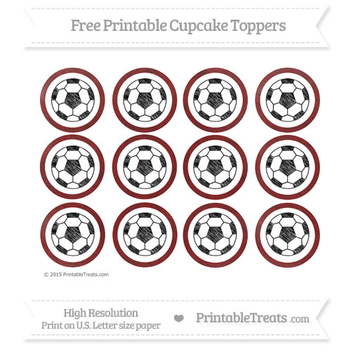 Free Dark Red Chalk Style Soccer Ball Cupcake Toppers — Printable