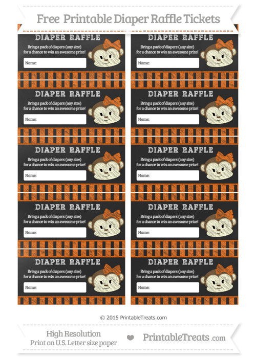 Free Safety Orange Striped Chalk Style Girl Monkey Diaper Raffle Tickets