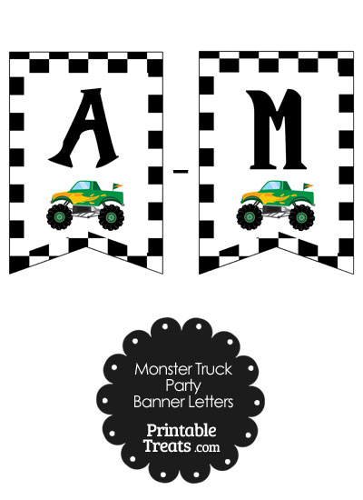 Green Monster Truck Birthday Bunting Banner Letters A-M from PrintableTreats.com