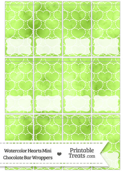 Light Green Watercolor Hearts Mini Chocolate Bar Wrappers from PrintableTreats.com