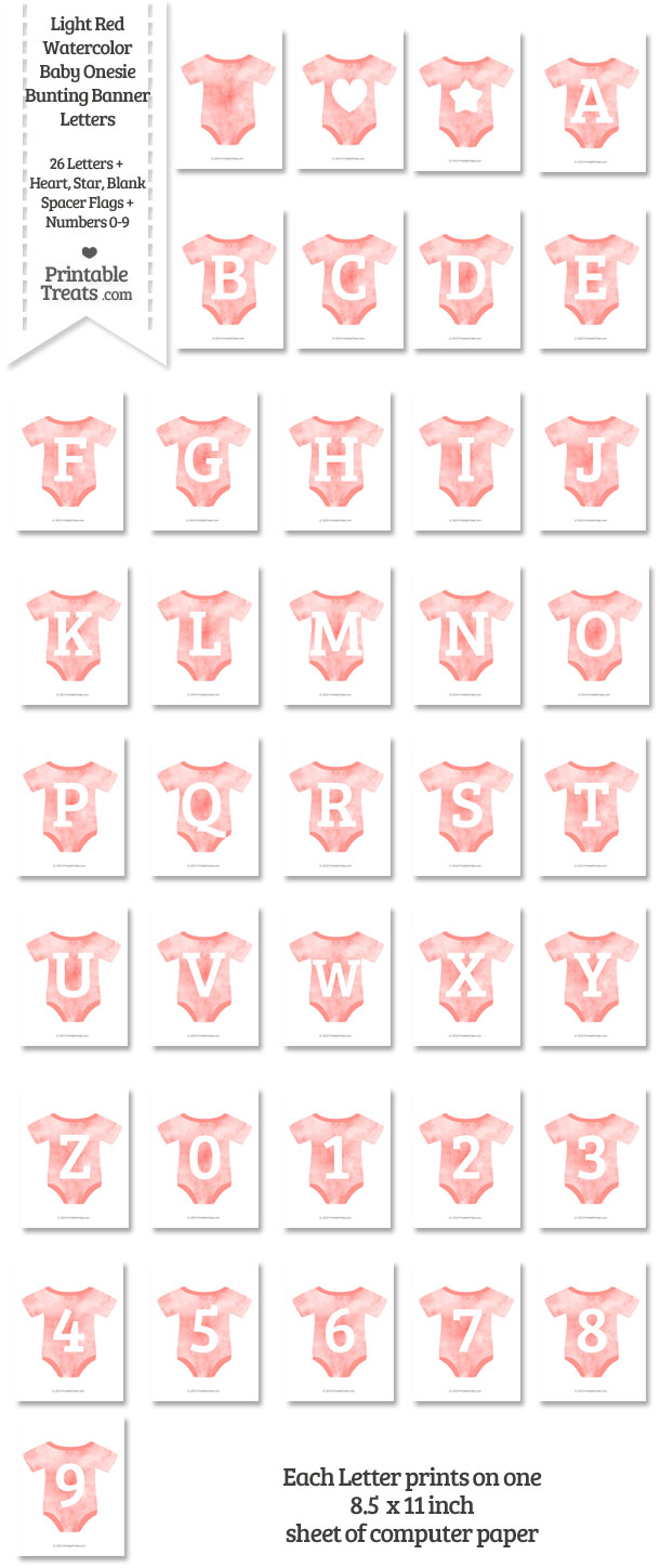 Light Red Watercolor Baby Onesie Shaped Banner Letters Download from PrintableTreats.com
