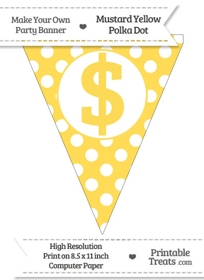 Mustard Yellow Polka Dot Pennant Flag with Dollar Sign from PrintableTreats.com