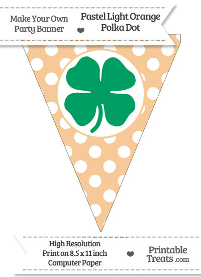 Pastel Light Orange Polka Dot Pennant Flag with Four Leaf Clover Facing Right Download from PrintableTreats.com