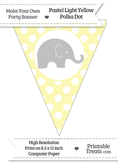 Pastel Light Yellow Polka Dot Pennant Flag with Elephant Facing Right Download from PrintableTreats.com