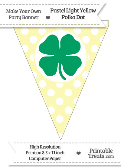 Pastel Light Yellow Polka Dot Pennant Flag with Four Leaf Clover Facing Left Download from PrintableTreats.com