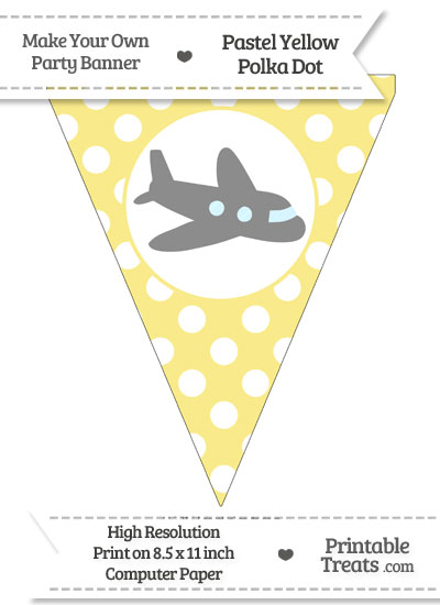Pastel Yellow Polka Dot Pennant Flag with Airplane Facing Right Download from PrintableTreats.com