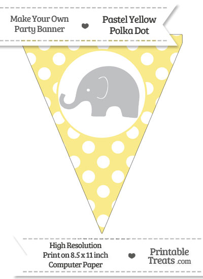 Pastel Yellow Polka Dot Pennant Flag with Elephant Facing Left Download from PrintableTreats.com