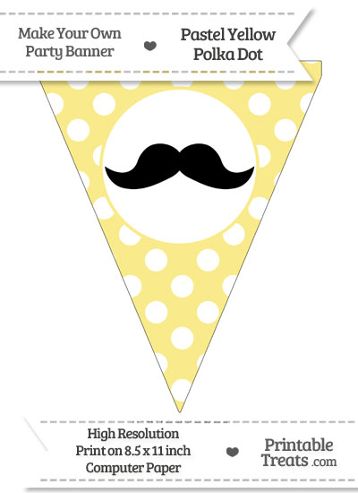 Pastel Yellow Polka Dot Pennant Flag with English Mustache Download from PrintableTreats.com