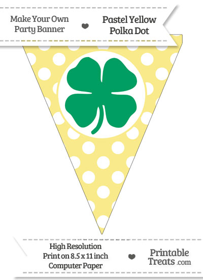 Pastel Yellow Polka Dot Pennant Flag with Four Leaf Clover Facing Right Download from PrintableTreats.com