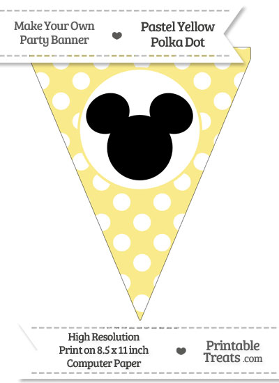 Pastel Yellow Polka Dot Pennant Flag with Mickey Mouse Download from PrintableTreats.com