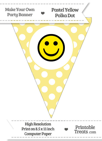 Pastel Yellow Polka Dot Pennant Flag with Smiley Face Download from PrintableTreats.com