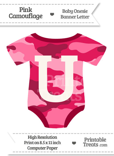 Pink Camouflage Baby Onesie Shaped Banner Letter U from PrintableTreats.com