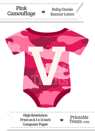 Pink Camouflage Baby Onesie Shaped Banner Letter V from PrintableTreats.com