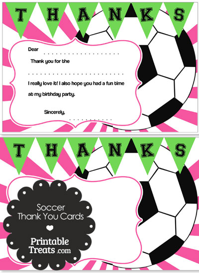 Pink Sunburst Soccer Thank You Cards from PrintableTreats.com