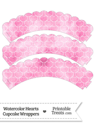 Pink Watercolor Hearts Scalloped Cupcake Wrappers from PrintableTreats.com