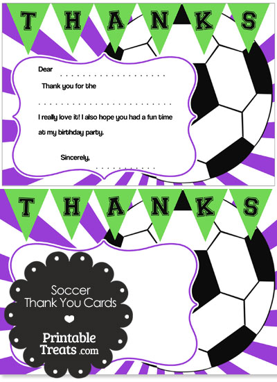 Purple Sunburst Soccer Thank You Cards from PrintableTreats.com