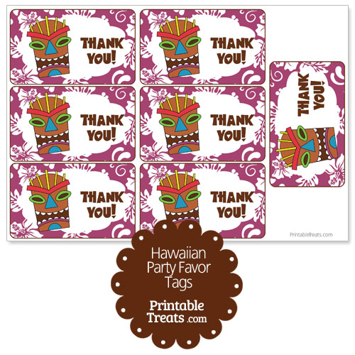 purple tiki mask party favor tags