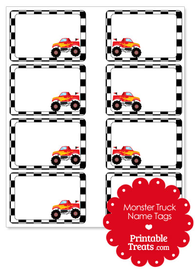 Printable Red Monster Truck Name Tags from PrintableTreats.com