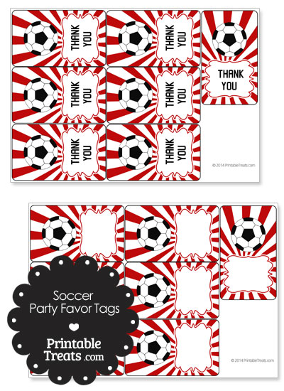 Red Sunburst Soccer Party Favor Tags from PrintableTreats.com