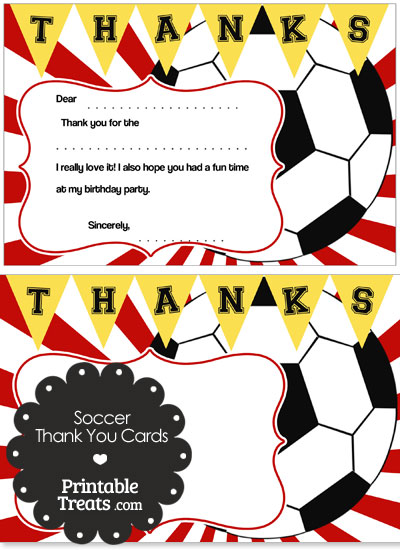 Red Sunburst Soccer Thank You Cards from PrintableTreats.com