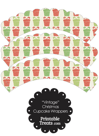 Vintage Christmas Presents Scalloped Cupcake Wrappers from PrintableTreats.com