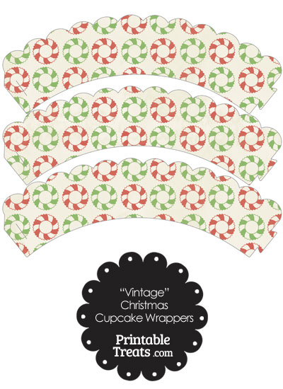 Vintage Christmas Wreath Scalloped Cupcake Wrappers from PrintableTreats.com