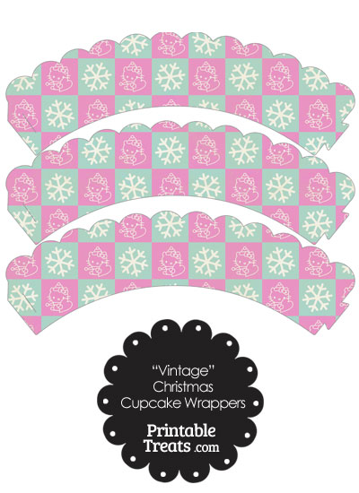 Vintage Hello Kitty Christmas Checkered Scalloped Cupcake Wrappers from PrintableTreats.com