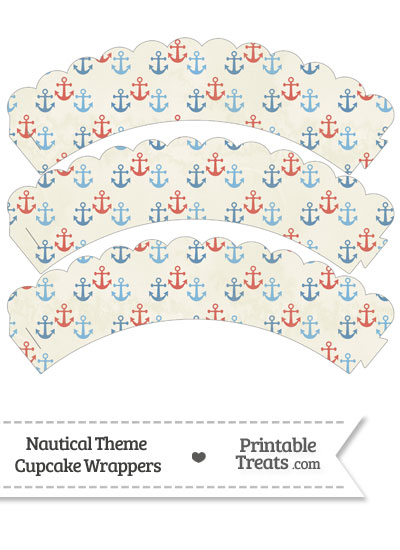 Vintage Red and Blue Anchors Scalloped Cupcake Wrappers from PrintableTreats.com