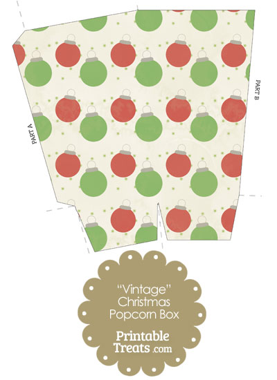 Vintage Red and Green Christmas Ornaments Popcorn Box from PrintableTreats.com