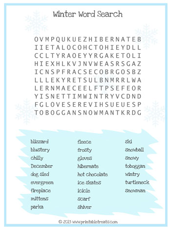 winter word search for kids printable