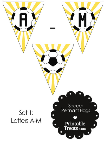 Yellow Soccer Pennant Banner Flag Letters A-M from PrintableTreats.com