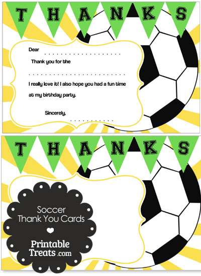 Yellow Sunburst Soccer Thank You Cards from PrintableTreats.com