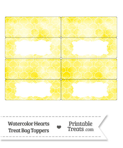 Yellow Watercolor Hearts Treat Bag Toppers from PrintableTreats.com