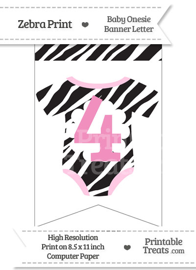 Zebra Print Baby Onesie Bunting Banner Number 4 from PrintableTreats.com