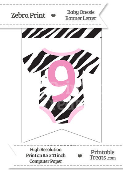 Zebra Print Baby Onesie Bunting Banner Number 9 from PrintableTreats.com