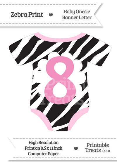 Zebra Print Baby Onesie Shaped Banner Number 8 from PrintableTreats.com