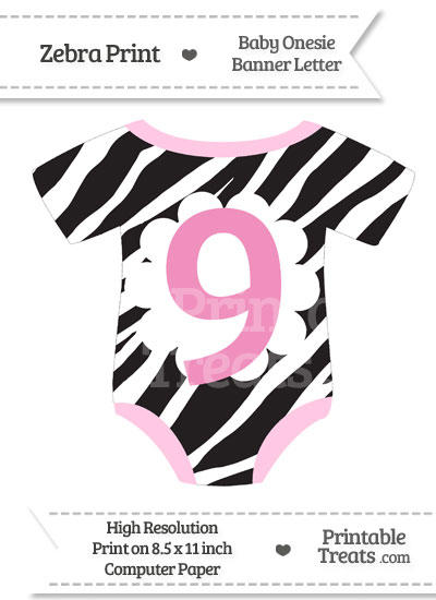 Zebra Print Baby Onesie Shaped Banner Number 9 from PrintableTreats.com