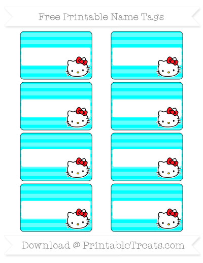 free aqua blue horizontal striped hello kitty name tags printable