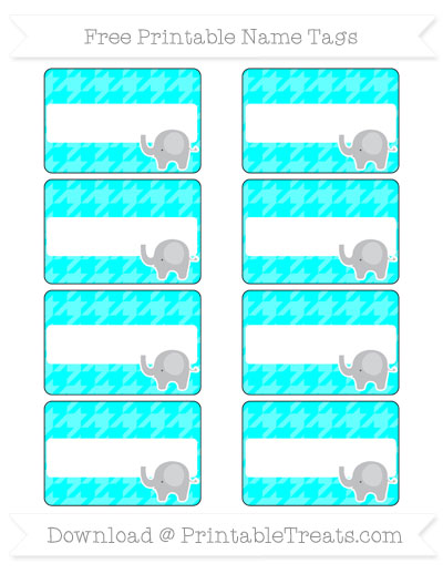free aqua blue houndstooth pattern elephant name tags printable