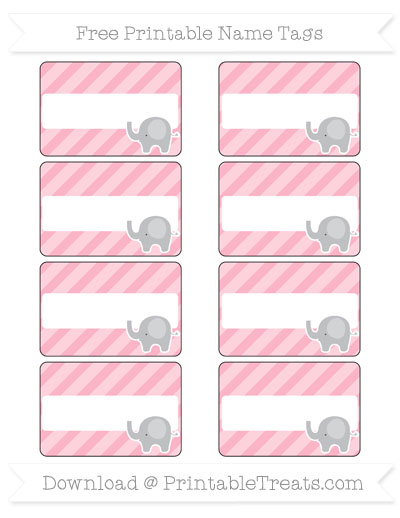 free pastel light pink diagonal striped elephant name tags printable